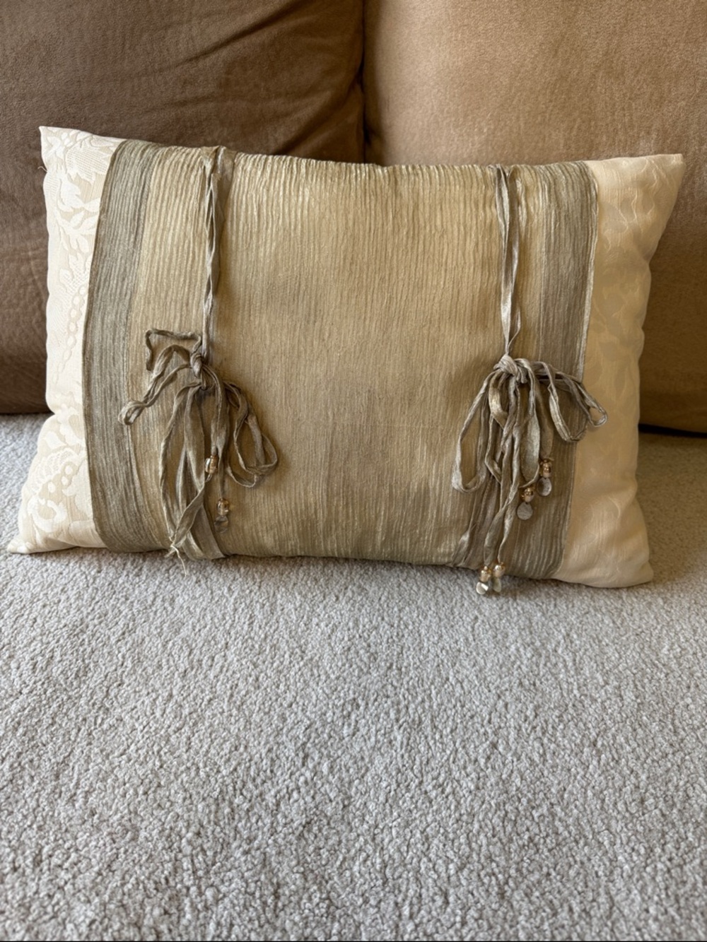 Bundle of Two Decorative Bow-Tie Accent Throw Pillows - Gold, Brown, Burgundy - Picture 2 of 7